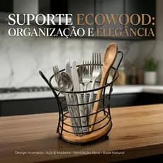 Suporte Para Talheres Aramado Ecowood 18,5cm Aço com Base de Madeira Moderna
