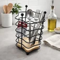 Suporte Talheres Aramado Aço Epóxi Base Madeira Organizador Cozinha Bancada Porta Utensílios 15,5cm