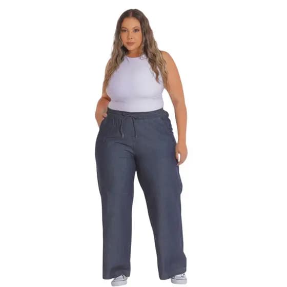 Calça Jeans Feminina Pantalona Plus Size Azul Petróleo