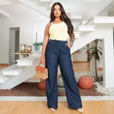 Calça Feminina Pantalona Jeans Azul Petróleo