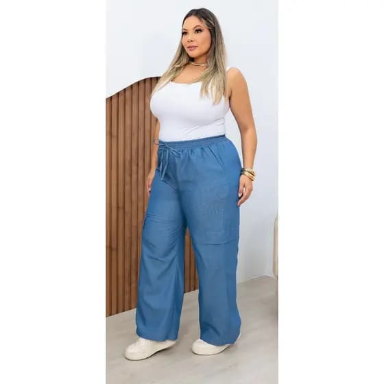 Calca Pantalona Wide Leg Cargo Plus Size com Elastico na Cintura