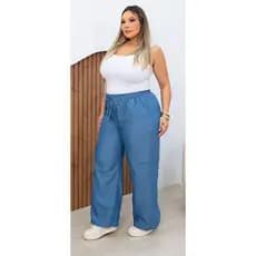Calca Pantalona Wide Leg Cargo Plus Size com Elastico na Cintura