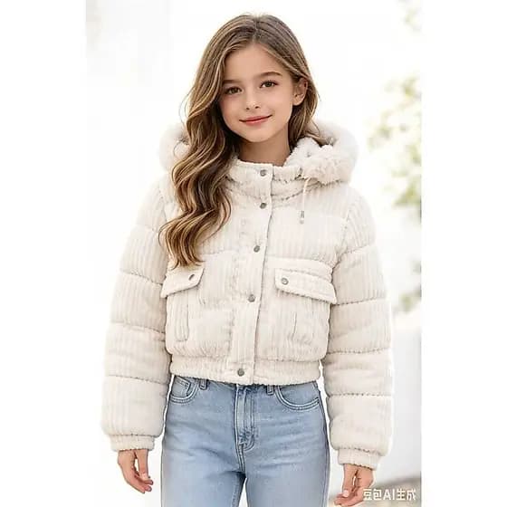 Jaqueta Cropped Infantil Feminina Inverno com Capuz Removível Peluciado Casaco Cotelê Moda Infantil