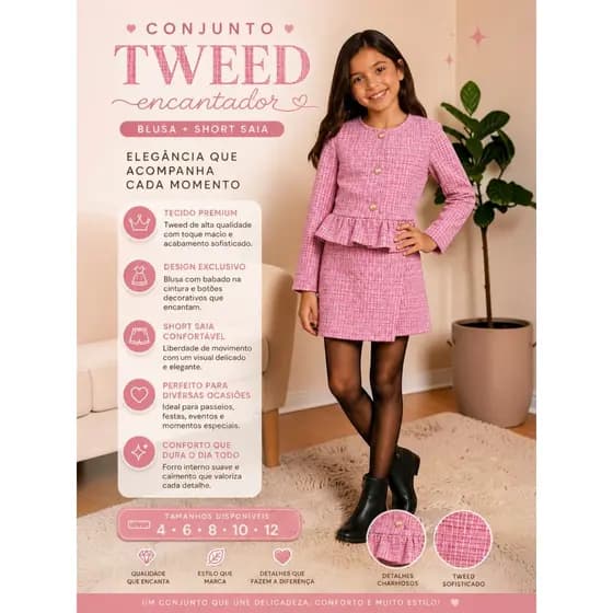 Conjunto Infantil Feminino Tweed Blusa Manga Longa + Short Saia Moda Inverno Elegante Tendência Menina 4 ao 12