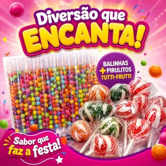 Kit Festa 40 pirulitos de frutas redondinho + 50 canudinhos com balinhas