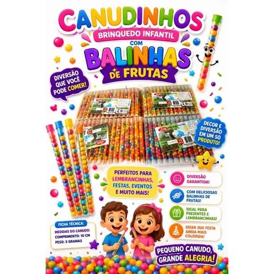 100UND. Canudinhos com balinhas de frutas sortidas doces e balas