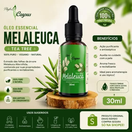 Óleo Essencial de Melaleuca Tea Tree 100% Puro 30ml Conta-Gotas Aromaterapia Envio Rápido