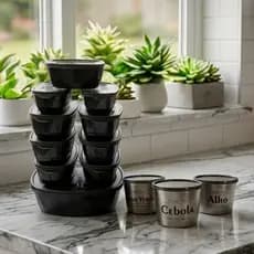 Pote Plástico Kit 10 Potes Organizadores Pretos + 3 Porta Temperos Conjunto Cozinha