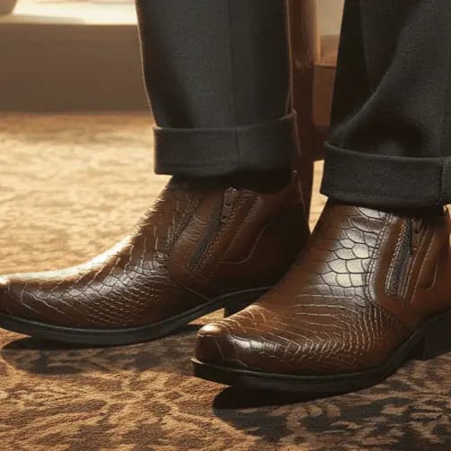 Bota Social Masculina Detalhe Em Zíper com Sola de Borracha Clássico Tecido Escamado Brilhante