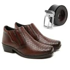 Kit Bota Social Masculina Detalhe Em Zíper com Sola de Borracha Clássico Tecido Escamado + CINTO dupla face marrom/preto