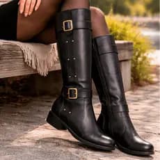 Bota Montaria Feminina Cano Alto Detalhe Em Fivela Ziper Lateral Inverno Confortável