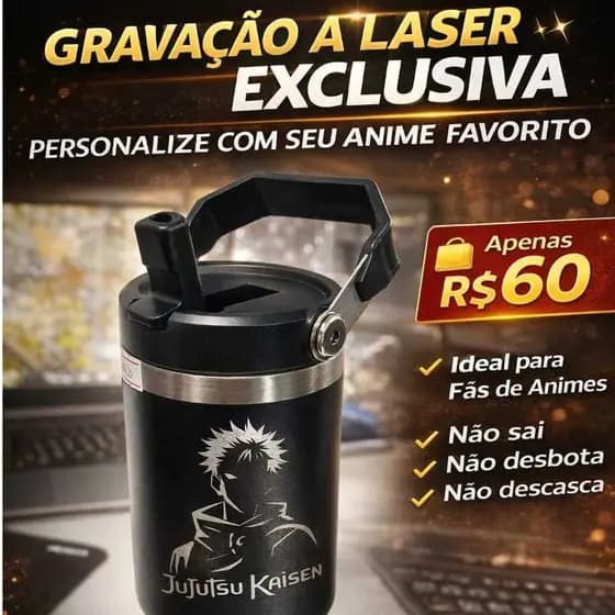 Garrafa Térmica 900ml Anime Jujutsu Gravada a Laser | Copo Térmico Aço Inox Personalizado Otaku
