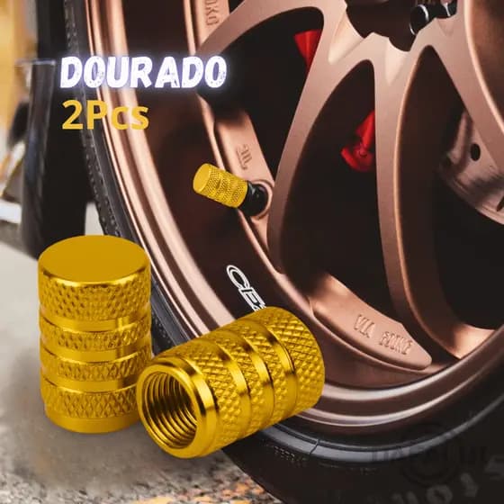 kit 2 Tampinha Tampas Da Válvula Pneu Bico Metal Alumínio Carro Biquinho, Moto, Bicicleta Dourada OU