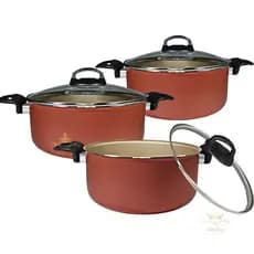 Kit 3 Panelas Caçarolas 16 18 20cm 5 Camadas Antiaderente Teflon Cereja Dourada Bege Cobre Com Tampa De Vidro Grossa
