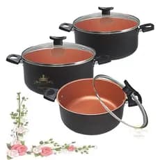 Kit 3 Panelas Caçarolas 16 18 20cm 5 Camadas Antiaderente Teflon Cobre Preto Com Tampa De Vidro Grossa Resistente