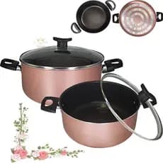 Kit 2 Panelas Caçarolas Grande 22 24cm Tampa De Vidro Temperado Antiaderente 5 Camadas Teflon Cor Rose Rosa Preta Grossa