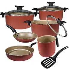 Kit Jogo de Panelas 7 Peças Caçarolas Antiaderente Teflon e Tampa de Vidro e Utensílios Caneco Francesa Frigideira Alta