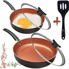 Kit 2 Frigideira Alta 18cm e 24cm Preto Cobre Tampa De Vidro Espátula Antiaderente Teflon cereja Preta Rosa Funda Grossa