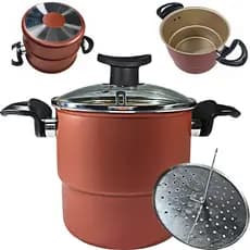 Cuscuzeiro 16cm com Tampa de Vidro Antiaderente Com 5 Camadas De Teflon Cor Cereja e Dourado
