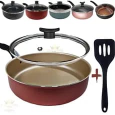 Frigideira Alta 18Cm Com Tampa De Vidro E Espátula Antiaderente 5 Camadas Teflon Cereja Gold Cobre Preta Rouge Turquesa
