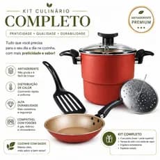 Kit Cuscuzeiro com Tampa de Vidro e Frigideira Francesa 16 cm Antiaderente Com 5 Camadas De Teflon Cereja Cuscuz 16 cm
