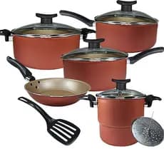 Kit Jogo de Panelas 7 Peças Caçarolas Cuscuzeiro Antiaderente Teflon e Tampa de Vidro e Utensílios Cuscuz Francesa Ralo