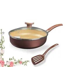 Frigideira Alta 18Cm Com Tampa De Vidro Espátula Antiaderente Com 5 Camadas Teflon Cor Marrom Dourada Funda Alumínio