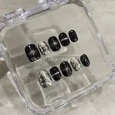 [Male e Female]10un. Unhas Postiças Artesanais Desenho Criativo com cor preto e prata