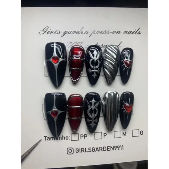 Unhas Postiças Decoradas Com Estilos De Preto Prata E Vermelho De Sangue Unhas De Gel Com Boa Qualidade