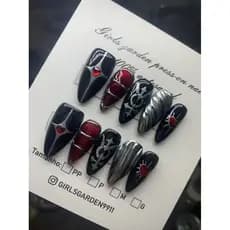 Unhas Personalizadas Artesanais Com Estilo Preto Prata E Vermelho Do Sangue(FAVOR OBSERVAR O TAMANHO!!!)