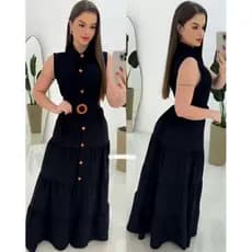 VESTIDO LONGO MODA EVANGÉLICA FEMININO DUNA FORRADO COM CINTO E BOTÕES
