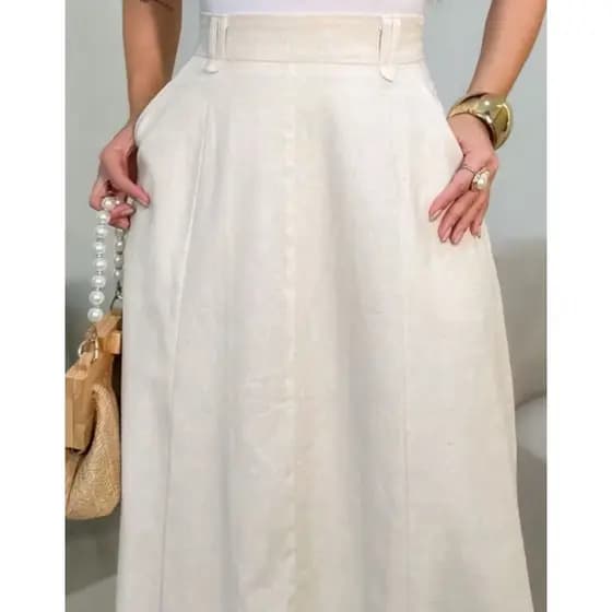 Saia Longa em Linho Natural Feminina Moda Evangélica Cintura Alta Moda Cristã com forro Casual Básica