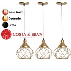3 Pendente Lustre de Teto Luminária Aramado Esfera Balonê Estilo Industrial Vintage Cabo Cristal