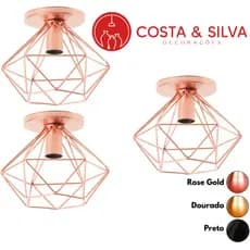 3 Paflon Lustre Teto Industrial Retrô Aramado Diamante Redondo Aramado Luminaria