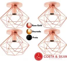 4 Paflon Lustre Teto Industrial Retrô Aramado Diamante Redondo Aramado Luminaria