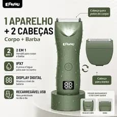 Barbeador e Aparador de Pelos 2 em 1 Corpo Barba Virilha IPX7 Recarregável USB LED Sem Fio