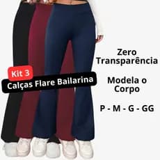 Kit 3 Calças Legging Flare Bailarina Cós Alta Feminina Zero Transparência Modela Bumbum