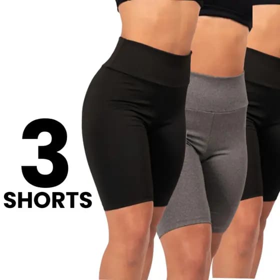 KIT 3 Shortinho Preto Longo Bermuda Legging Feminino Suplex Mulher Cintura Alta Academia Ciclista