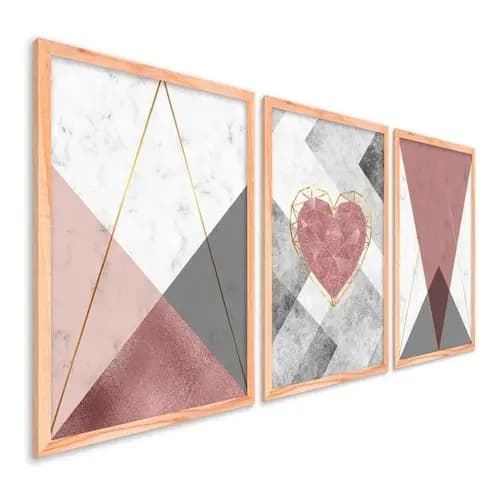 Quadro decoração coração geométrico abstratos formas 3 peças sala quarto cozinha e escritório decoração