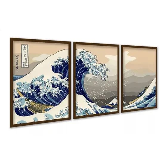 Quadro Decorativo Ondas Agua Mar Arte Japoenesa Leveza Salas Quartos Cozinhas Escritórios  3 peças