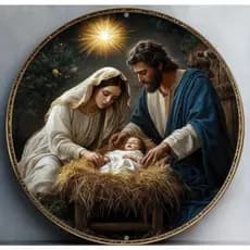 Placa Quadro Redondo Presépio Natal Menino Jesus Religioso Fé Sala Decoração Natalina