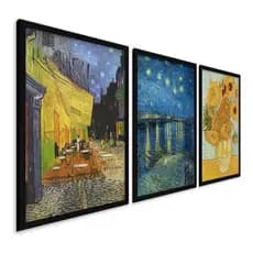 Quadros Decorativos Van Gogh Noite Estrelada Café Flores 3 Peças Moldura Sala Quarto Cozinha Hall