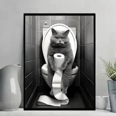 Quadro Placa Gato Banheiro Papel Higiênico Minimalista Divertido Lavabo Pet Toilet Decoração Parede