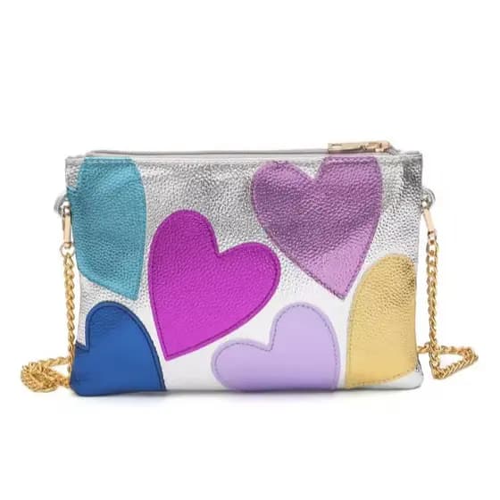 Bolsa Transversal Feminina com corrente PU Couro Cezira Metalizada Corações Festas