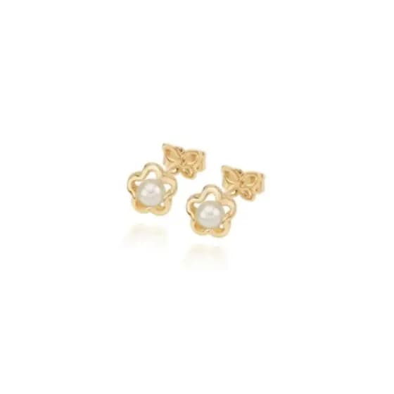 Brincos Rommanel banhado a ouro 18k Flor com pérolas sintéticas 527303 Jóias 524524