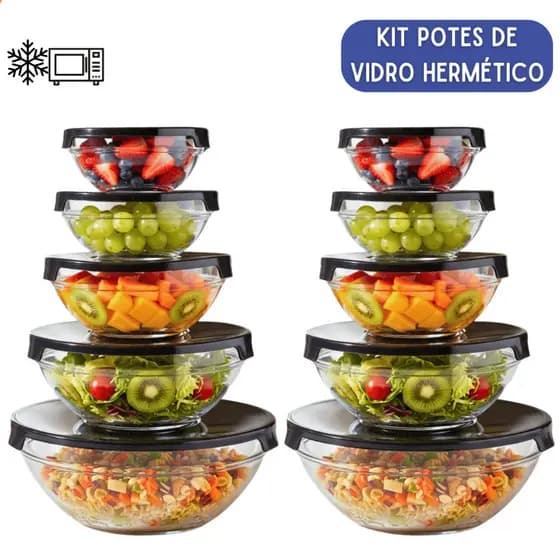 Kit Potes de Vidro Hermético com Tampa Tigela Redonda Borossilicato Freezer Micro-ondas Marmita