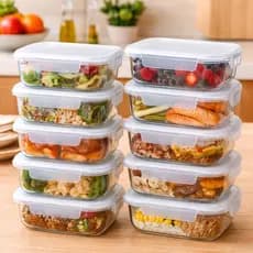 Kit 10 Potes de Vidro 640ml Herméticos Marmita Fitness com Travas para Forno Freezer Microondas