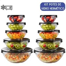 Kit 10 Potes de Vidro Hermético com Tampa Tigela Redondo Freezer Microondas Marmita Empilhável