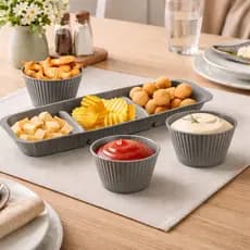 Petisqueira e Porta Molhos Bowls Kit Porta Petiscos de Mesa Posta Elegante Cinza Preto Branco