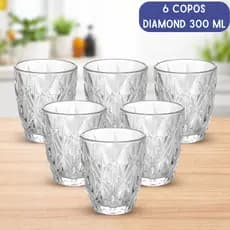 Conjunto 6 Copos de Vidro Diamond 300ml Resistente Grosso Transparente Elegante Moderno Jogo de Copo